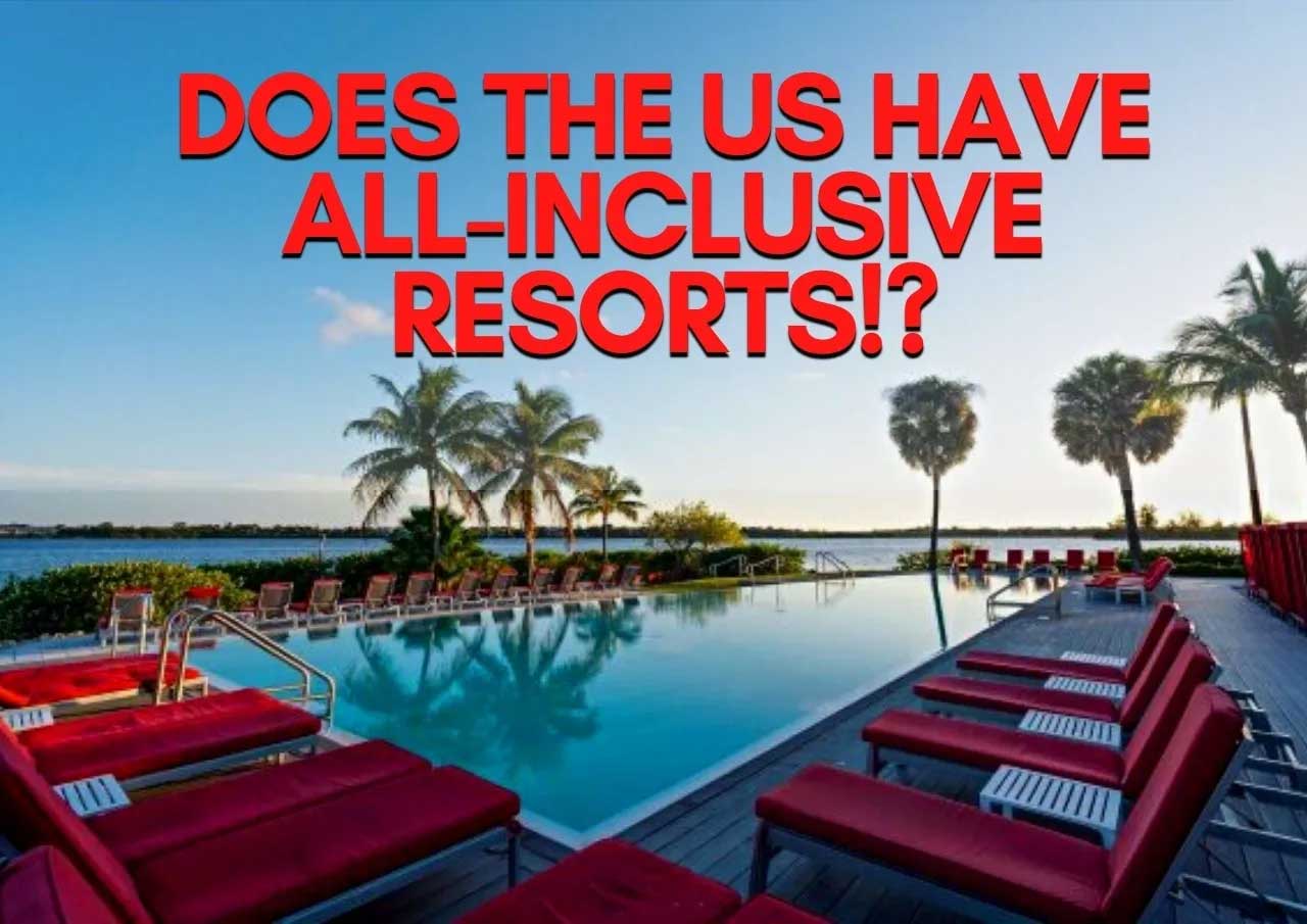 A tranquil resort poolside scene with the question "does the us have all-inclusive resorts!?" displayed across the sky.