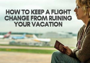 Woman holding a passport while sitting at an airport with a text overlay about managing flight changes.