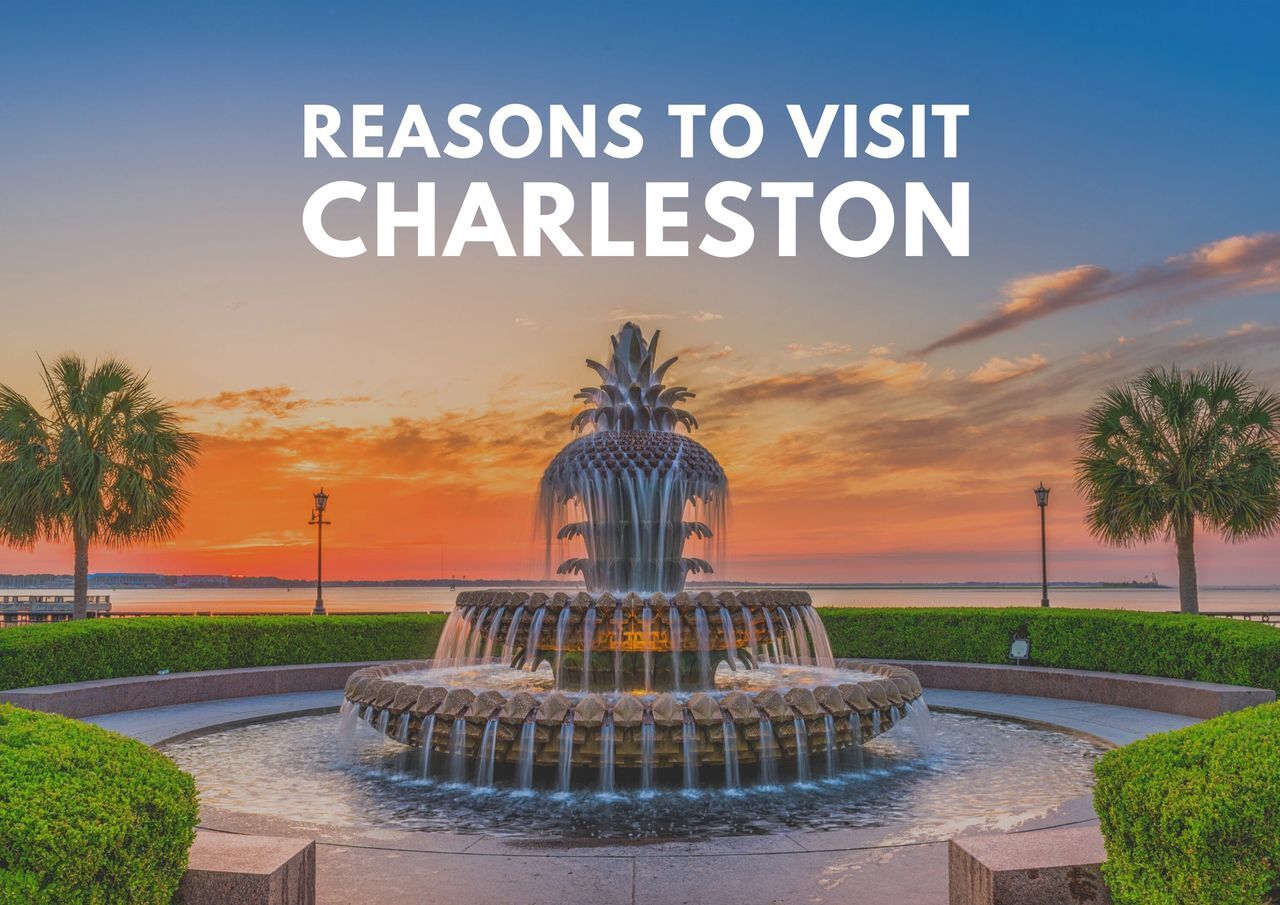 Pineapple fountain at waterfront park, a landmark destination in charleston, south carolina, at sunset.