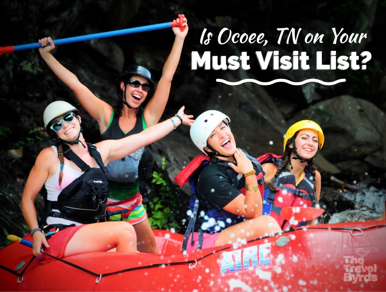 Four people whitewater rafting with enjoyment, wearing helmets and life jackets, with a caption promoting ocoee, tn as a travel destination.