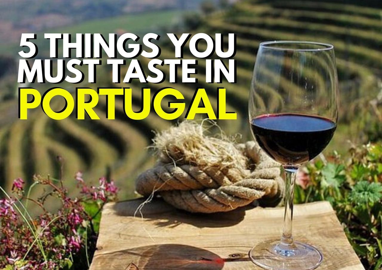 A glass of red wine with a scenic vineyard background, promoting culinary experiences in portugal.