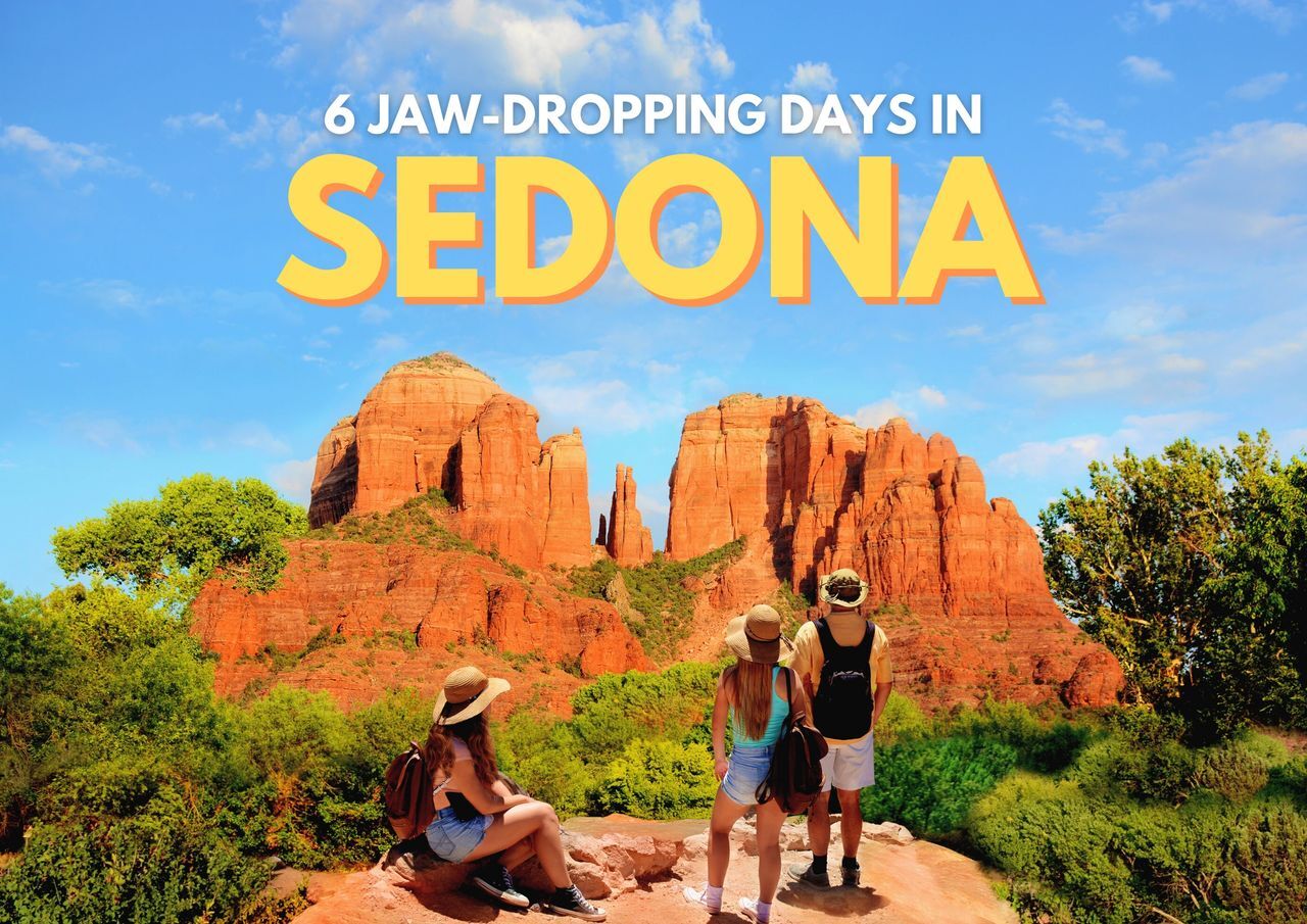 Four tourists enjoying the scenic red rock formations in sedona, advertised as a six-day trip.