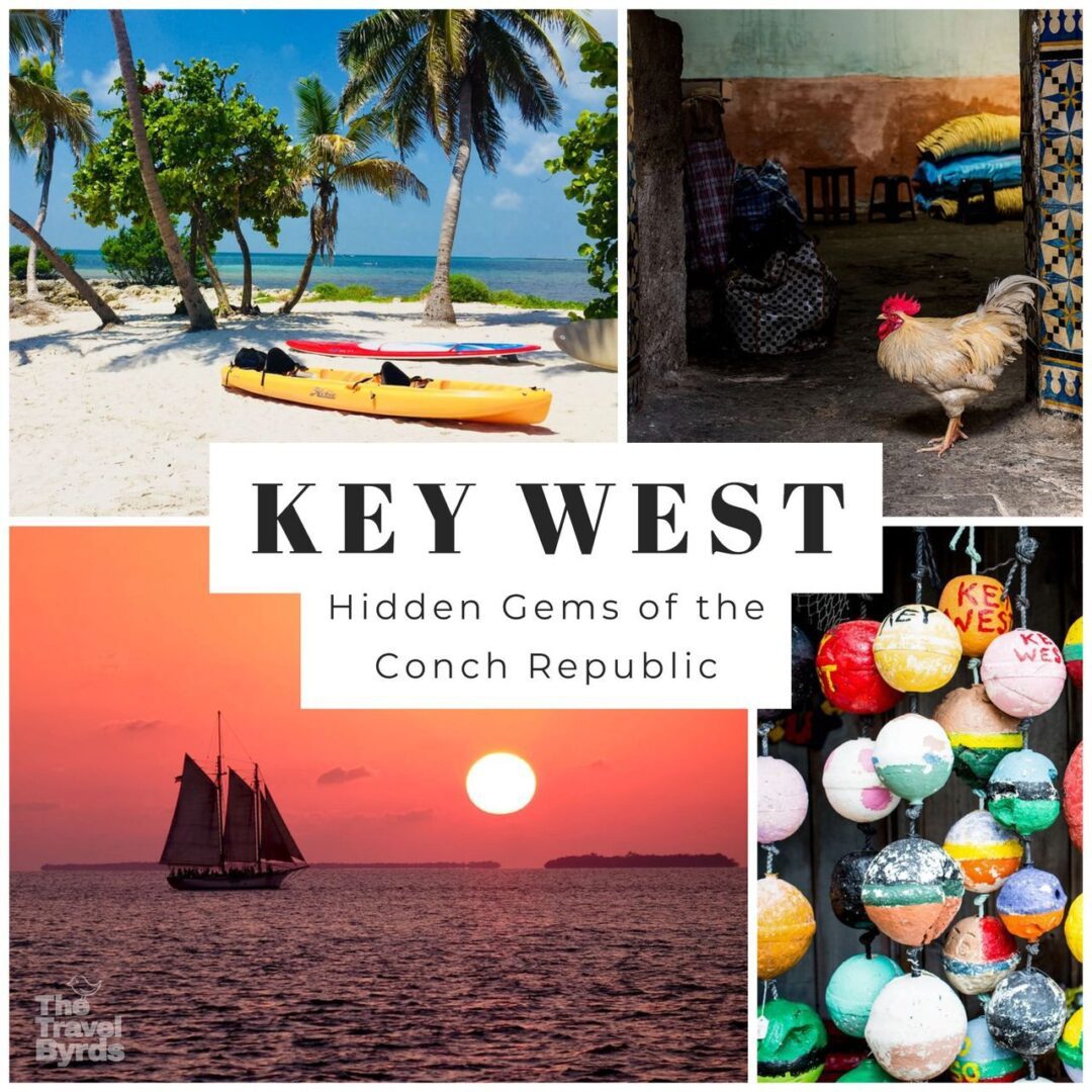 Collage showcasing key west's attractions including a beach, a rooster, a sailboat, and colorful buoys with the text "key west - hidden gems of the conch republic.