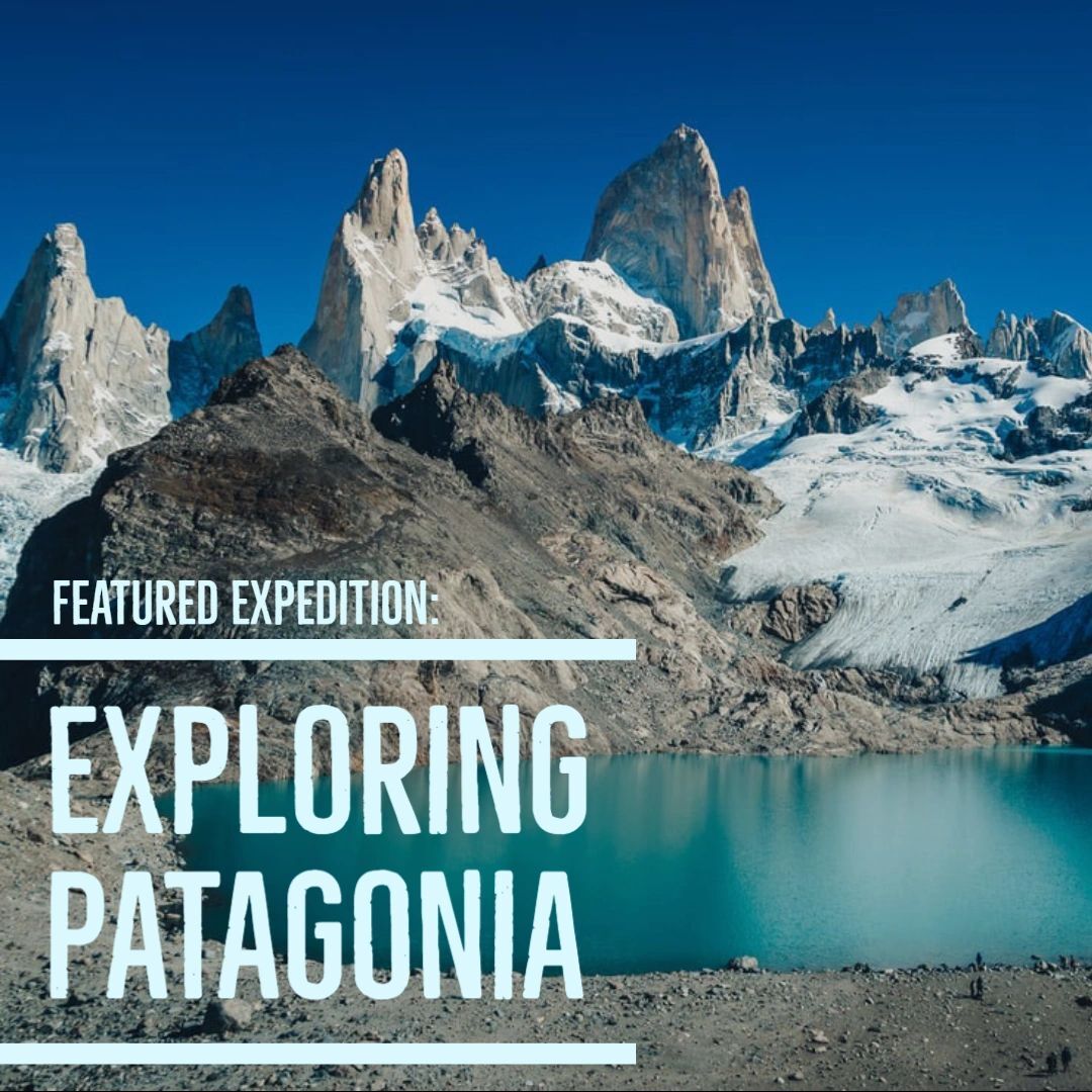 A promotional graphic for a featured expedition to explore patagonia, showcasing a picturesque view of a mountainous landscape and turquoise lake.