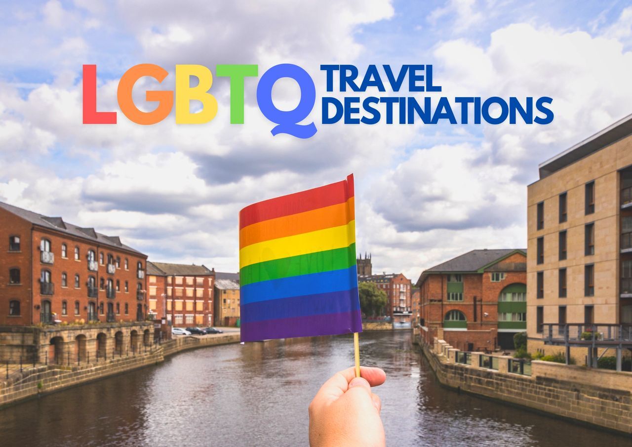 Promotional graphic for lgbtq-friendly travel destinations featuring a pride flag with a city riverfront backdrop.