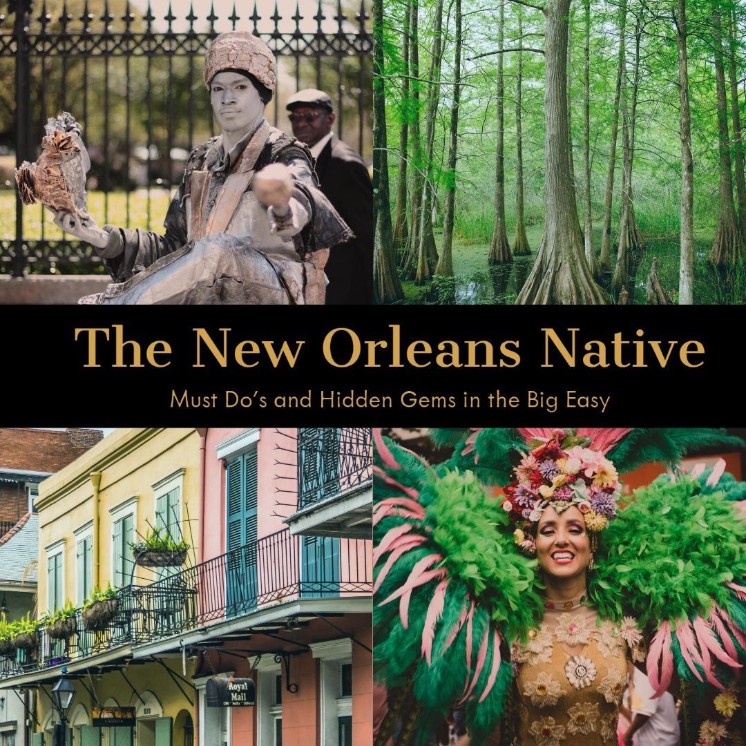 Collage highlighting experiences in new orleans: a street performer, lush green woods, vibrant architecture, and a person in festive costume.