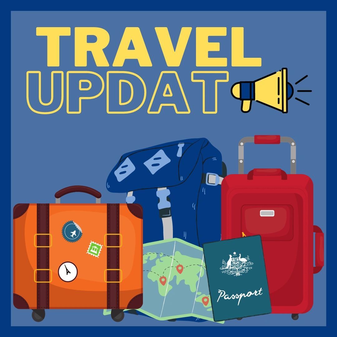 Travel-themed graphic with luggage, passport, map, and megaphone announcing an update.