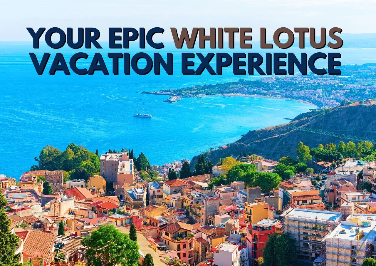 A coastal town overlooking a clear blue sea with a promotional tagline for a vacation experience.
