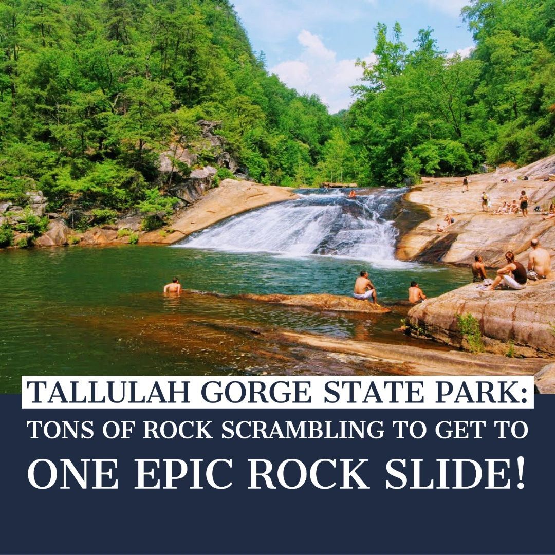 Visitors enjoying a sunny day at the natural rock slide in tallulah gorge state park.