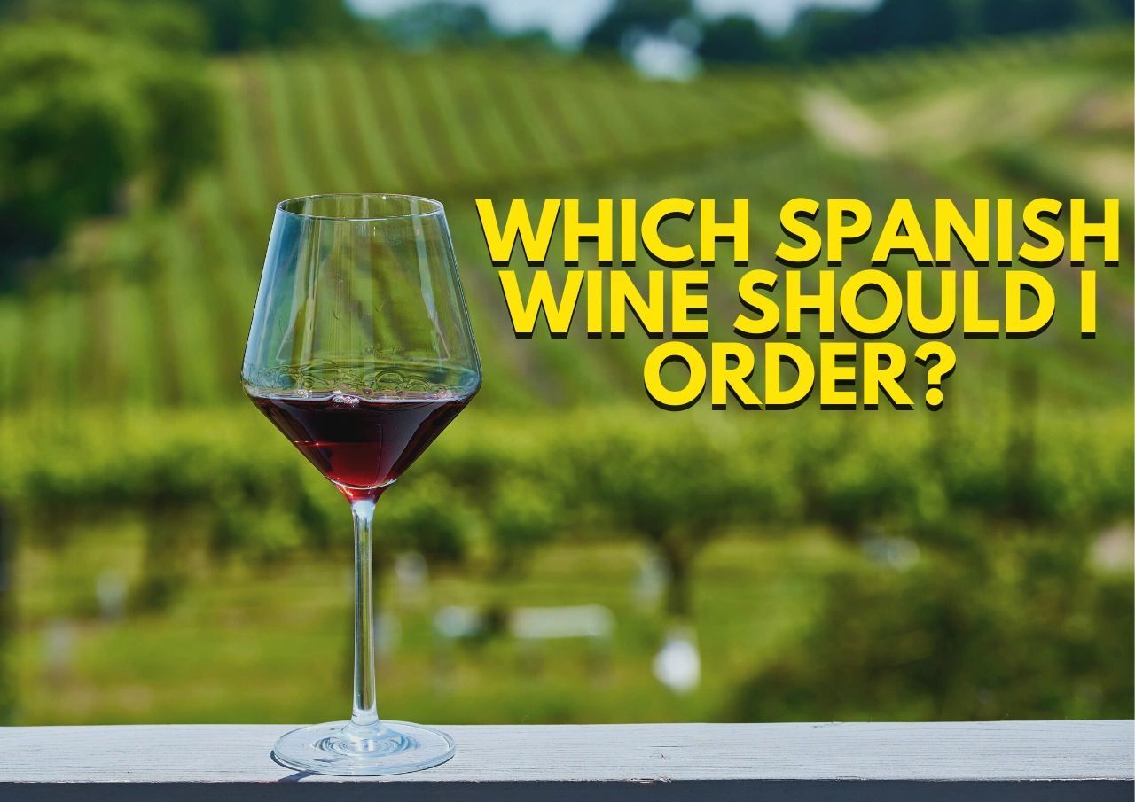 Glass of red wine with a vineyard in the background and the question "which spanish wine should i order?" overlaying the image.