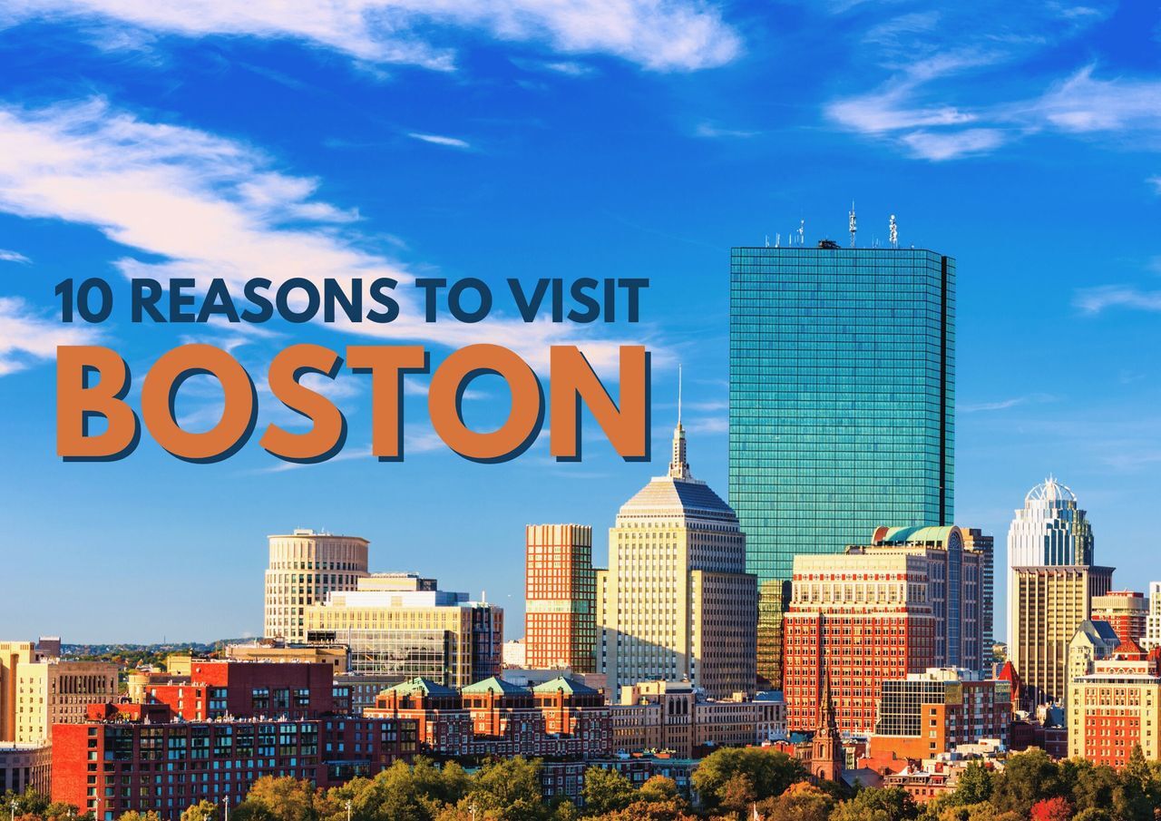 Skyline of boston with promotional travel text.