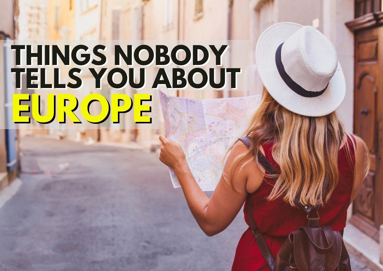 A tourist with a map exploring a european city street.