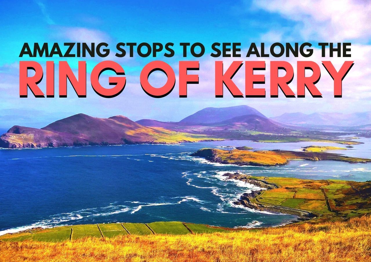 Scenic view of the ring of kerry with coastal and mountain landscapes, highlighting tourist attractions.