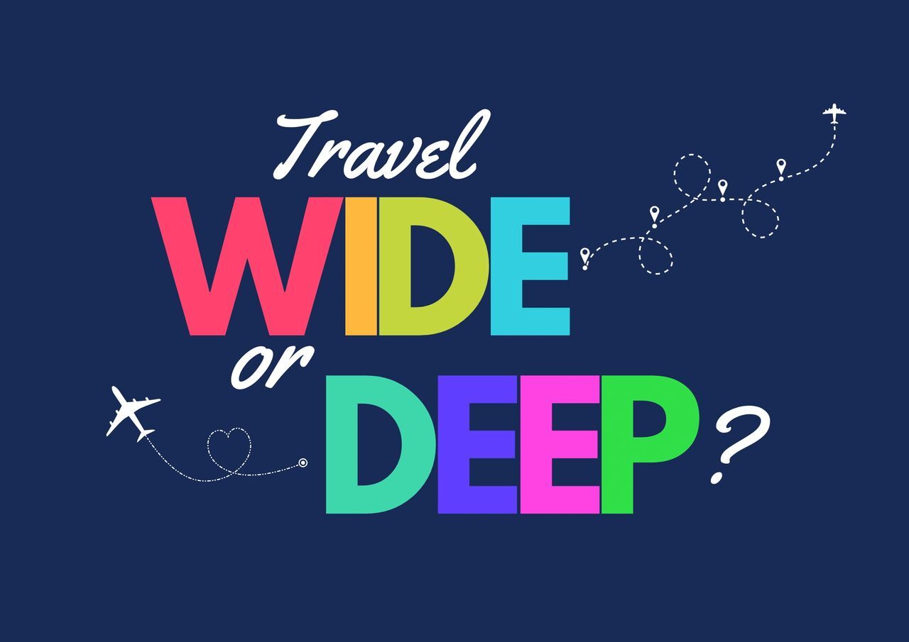 Colorful text asking 'travel wide or deep?' with airplane trail illustrations on a dark blue background.