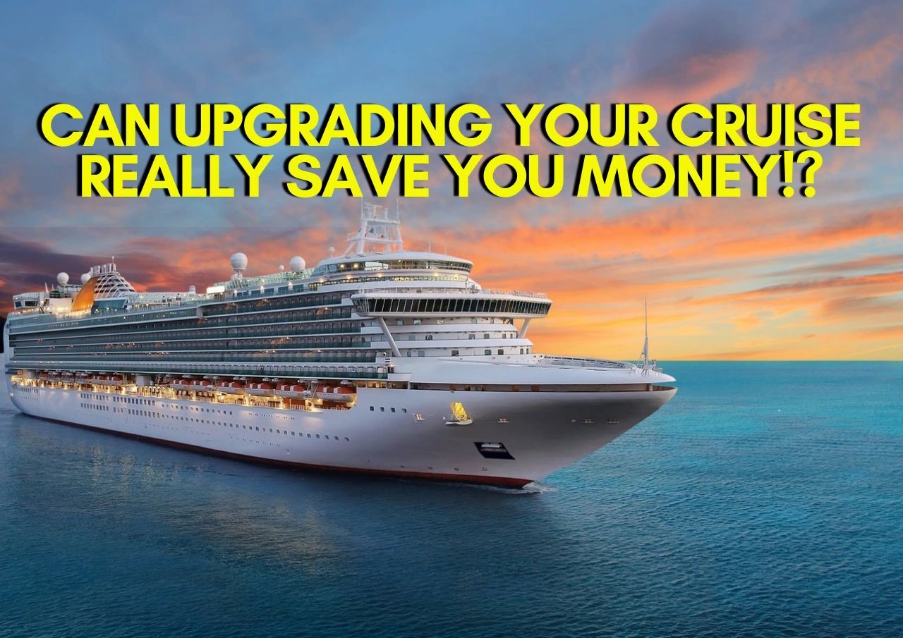 A cruise ship at sea during sunset with a text overlay questioning the cost-effectiveness of cruise upgrades.