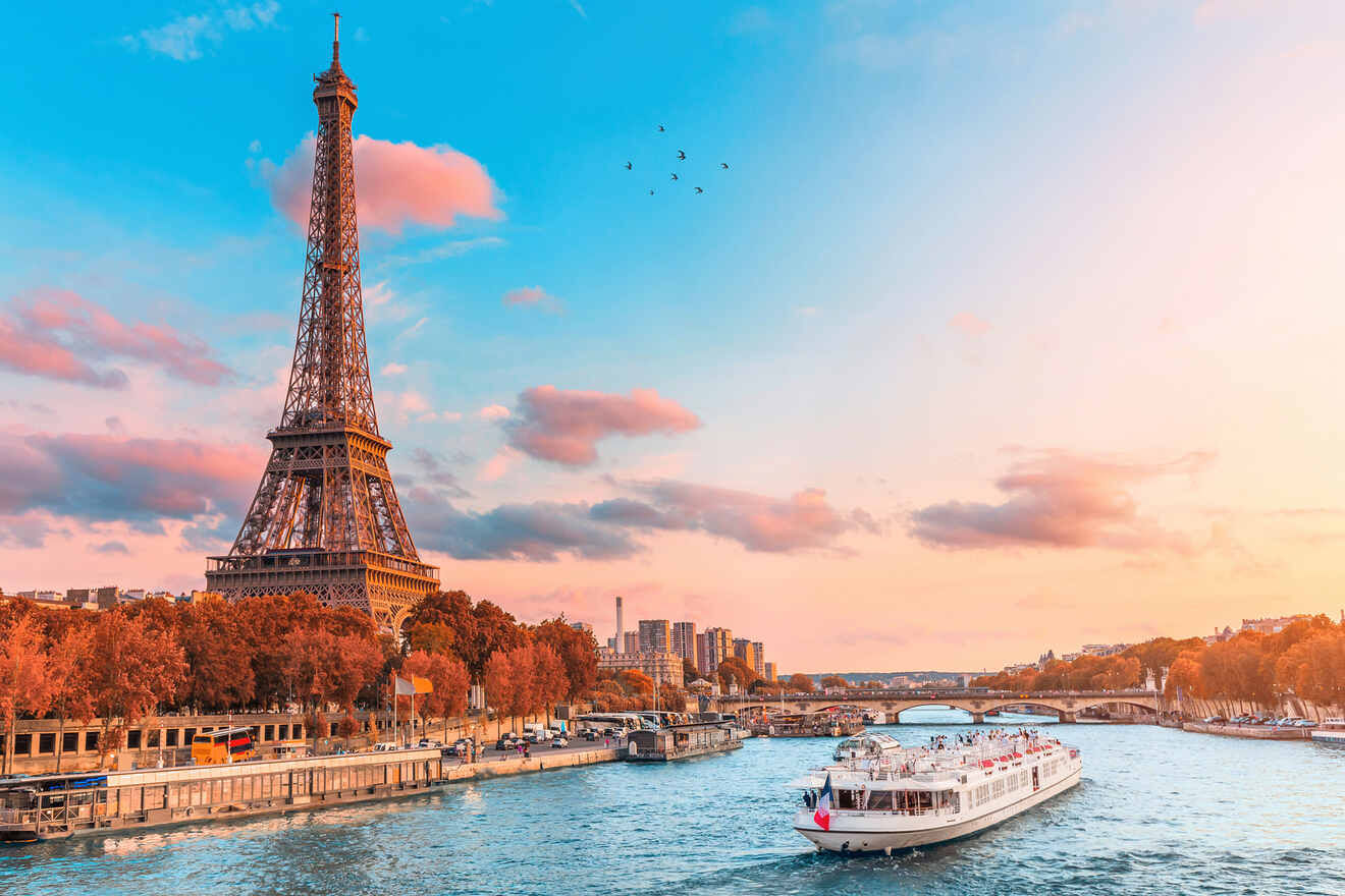 Sunset view over the Seine River with a sightseeing boat and the Eiffel Tower in the background, offered by our travel agency.