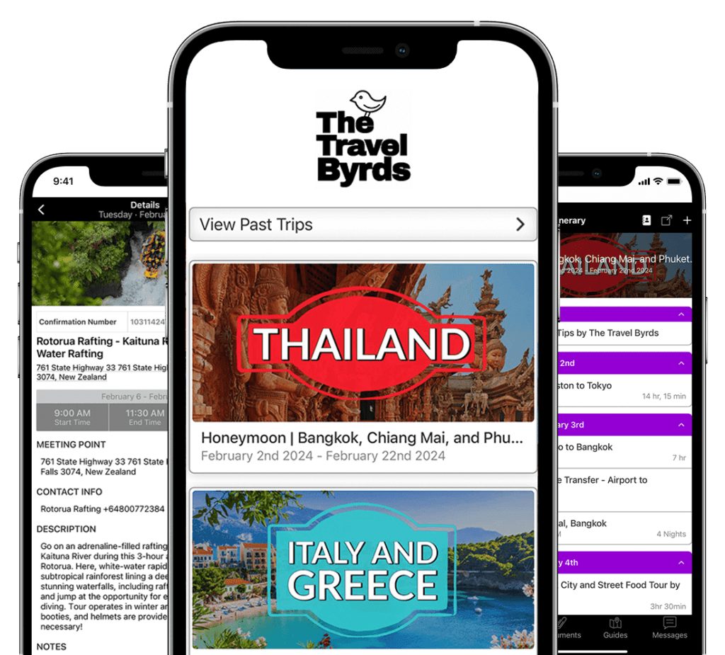 Mobile phone displaying a travel agency app with various destinations and trip details, including Thailand, Italy, and Greece.