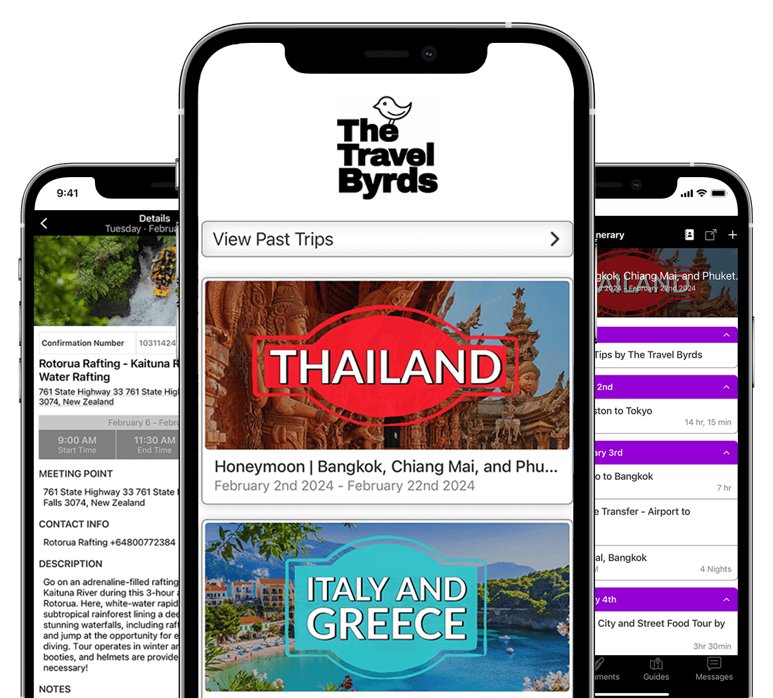 Mobile phone displaying The Travel Byrds app with trip details