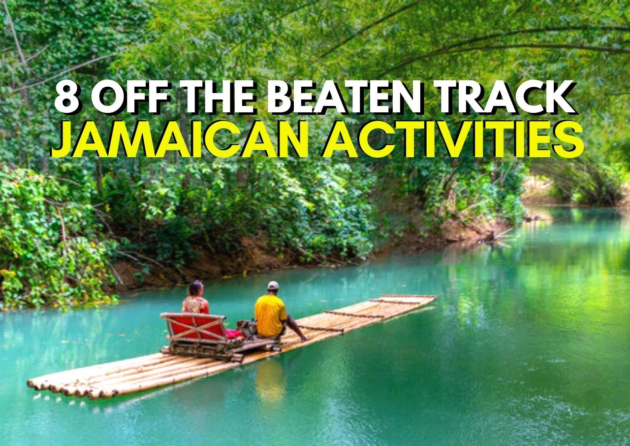 Two individuals on a bamboo raft journeying down a serene jamaican river, highlighting unconventional local activities.