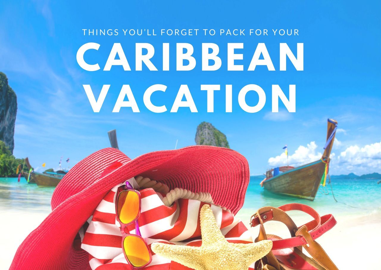 Essential items for a caribbean vacation laid out on a tropical beach backdrop.