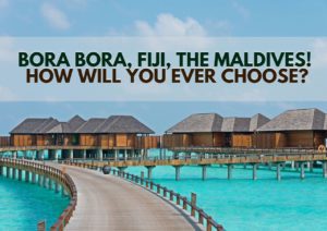 Overwater bungalows with a wooden walkway in the Maldives, inviting travelers to make a tough destination choice.
