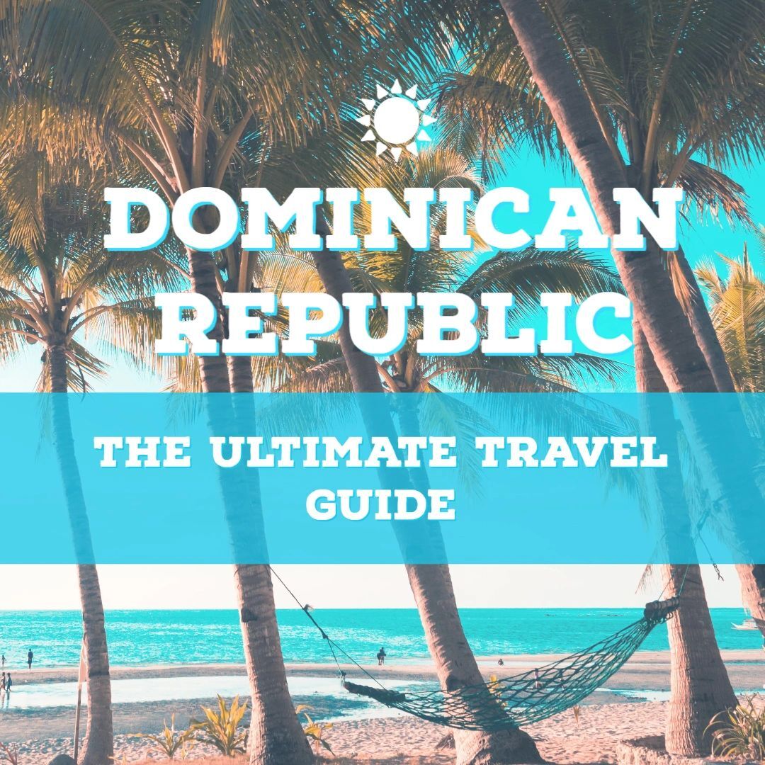 Travel guide cover for the dominican republic featuring a tropical beach scene with palm trees and a hammock.