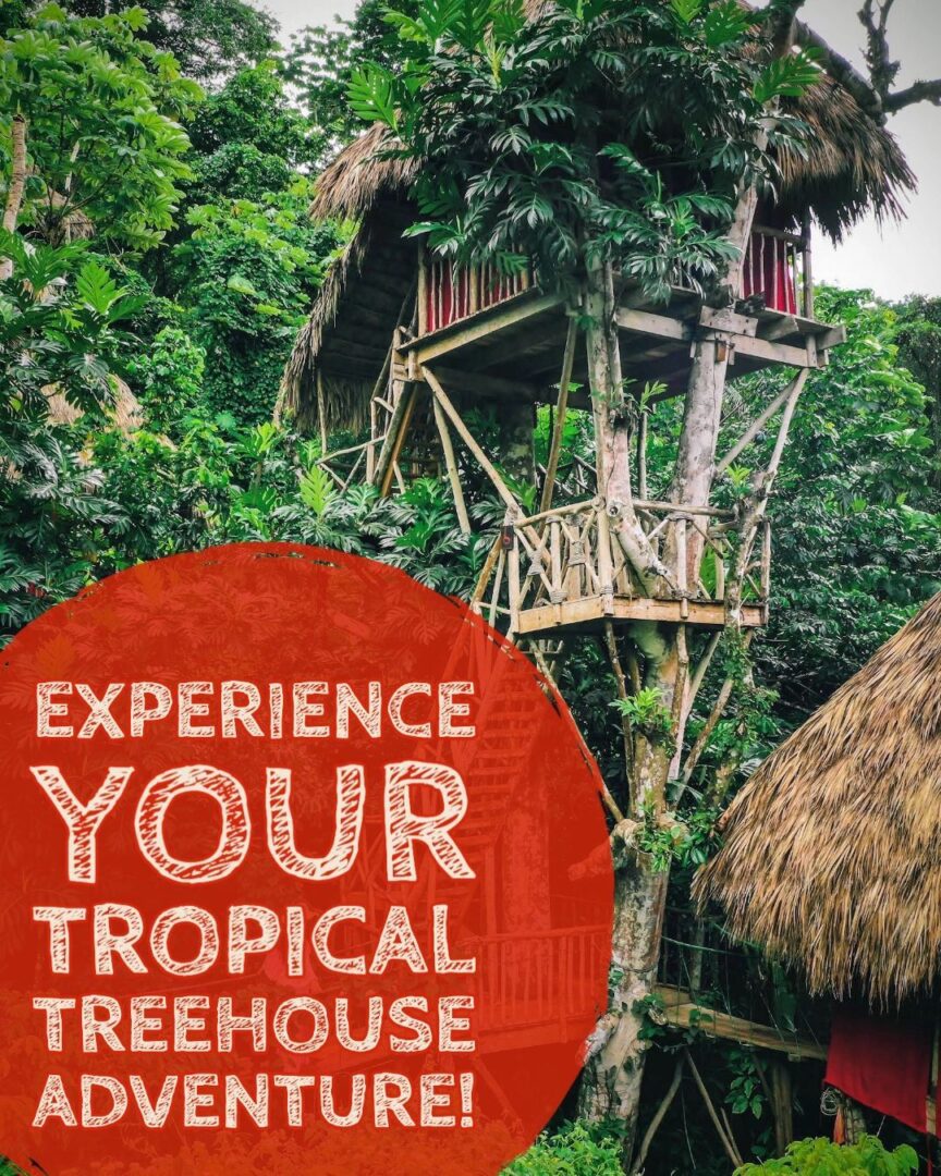 A treehouse nestled in lush greenery with promotional text inviting an adventure.