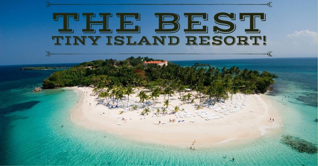 Aerial view of a small tropical island resort with the text "the best tiny island resort!.