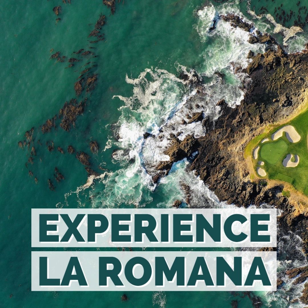 Aerial view of a rugged coastline with waves crashing against the rocks, accompanied by a promotional phrase "experience la romana".