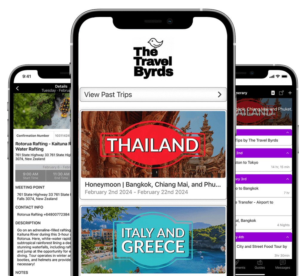 A smartphone displaying a travel agency app with past trips to Thailand and plans for trips to Italy and Greece.