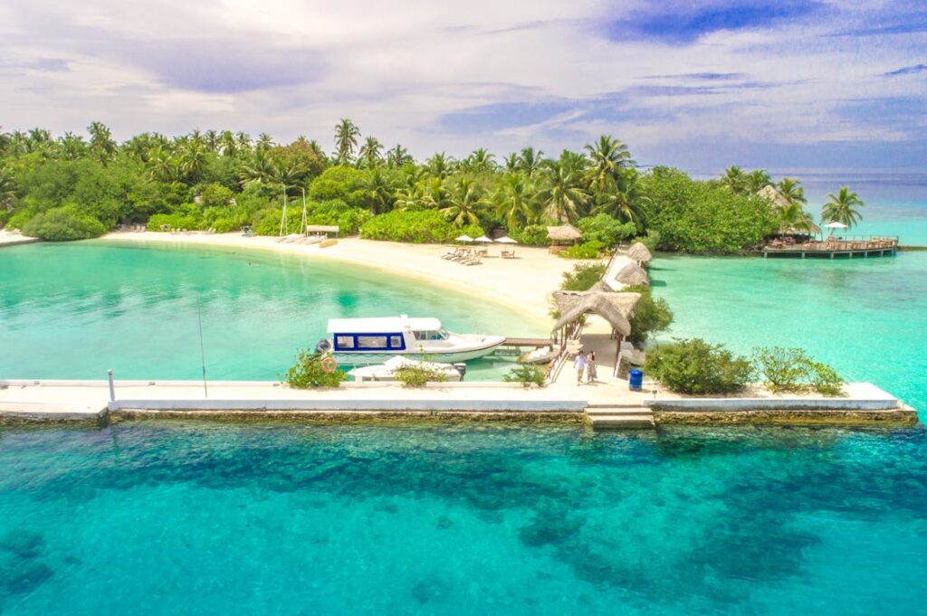 A beachside view of calm turquoise water