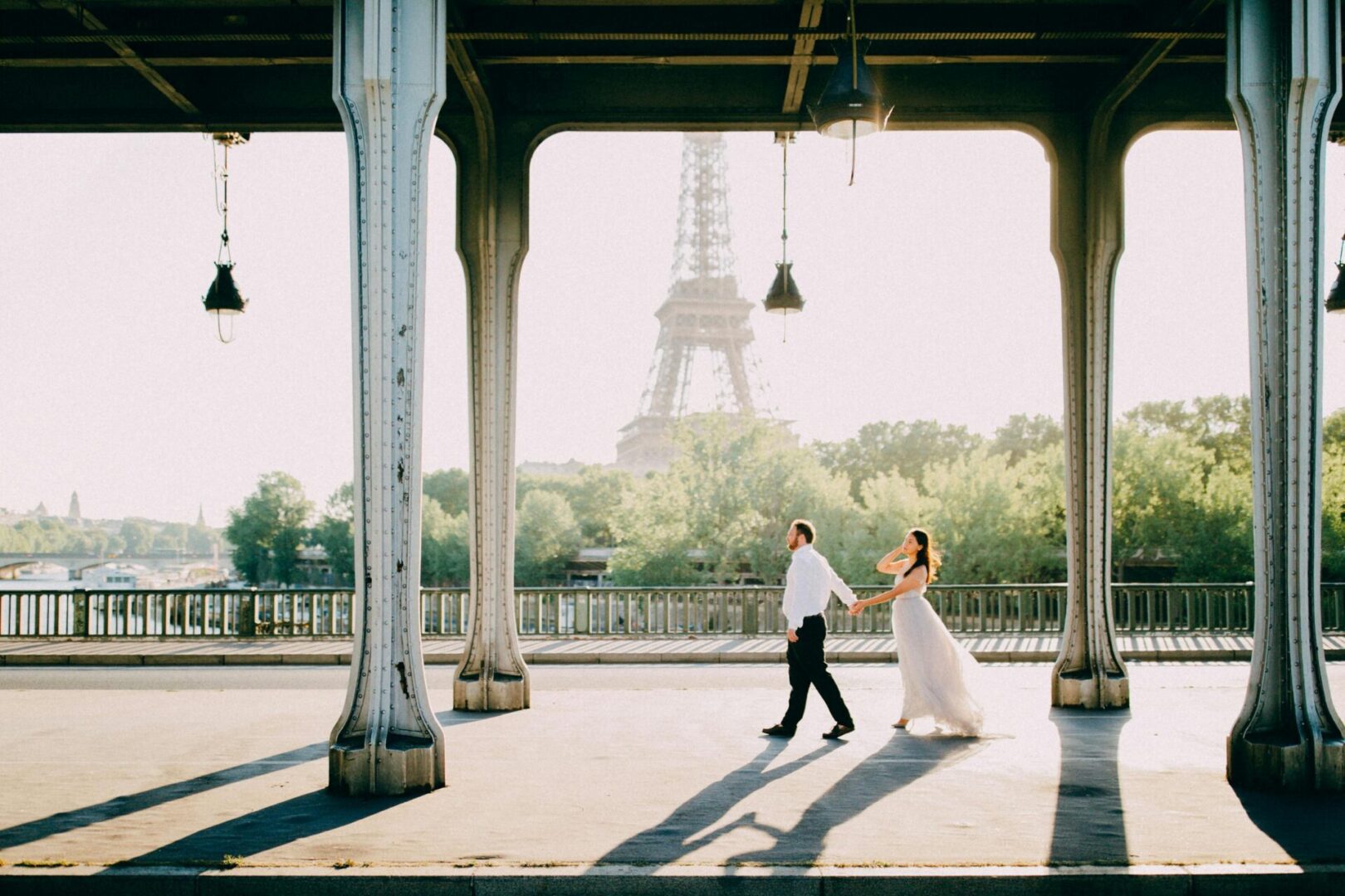 Wedding destination walking in Eiffel tower