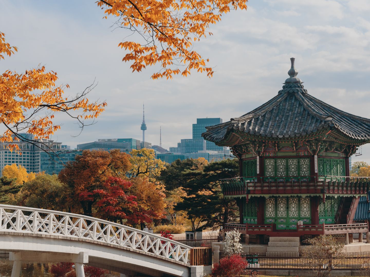 Traditional Korean Pagoda in Park at Autumn