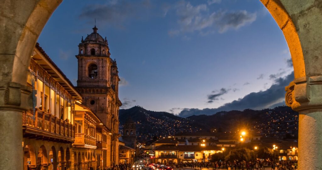 Cusco’s cathedral and Plaza de Armas at dusk, Peru