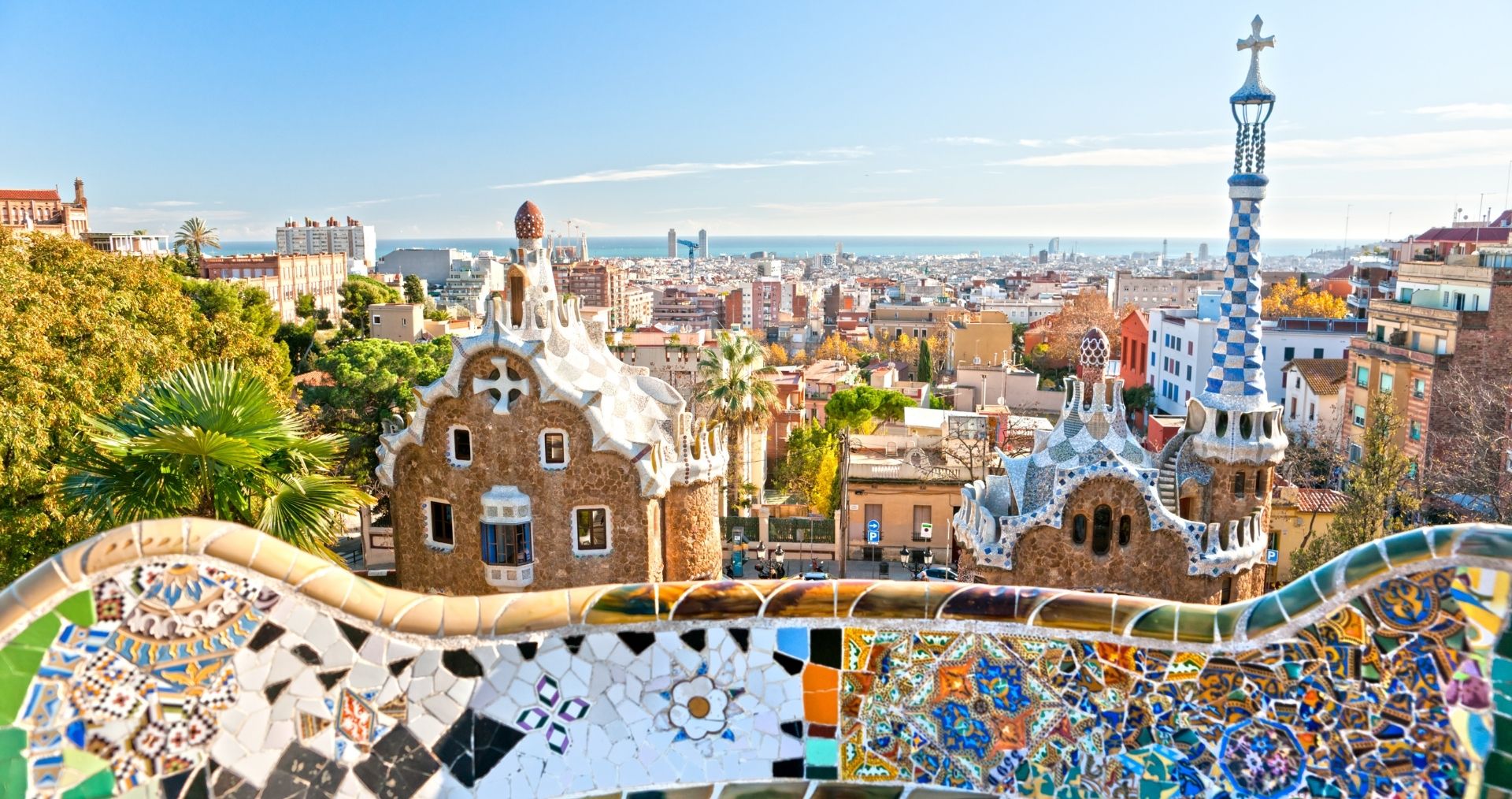 Mosaic terrace and pavilions at Park Güell, Barcelona