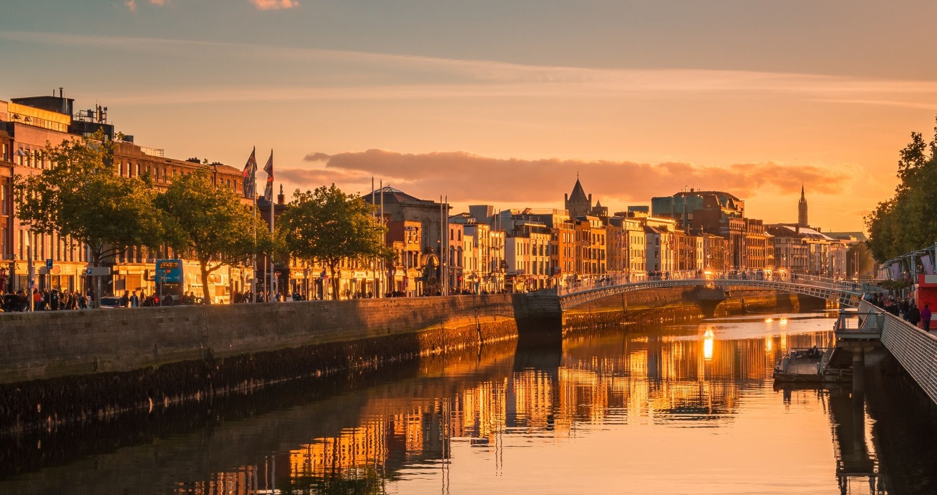 The River Liffey in Dublin glowing at sunset, lined with historic buildings