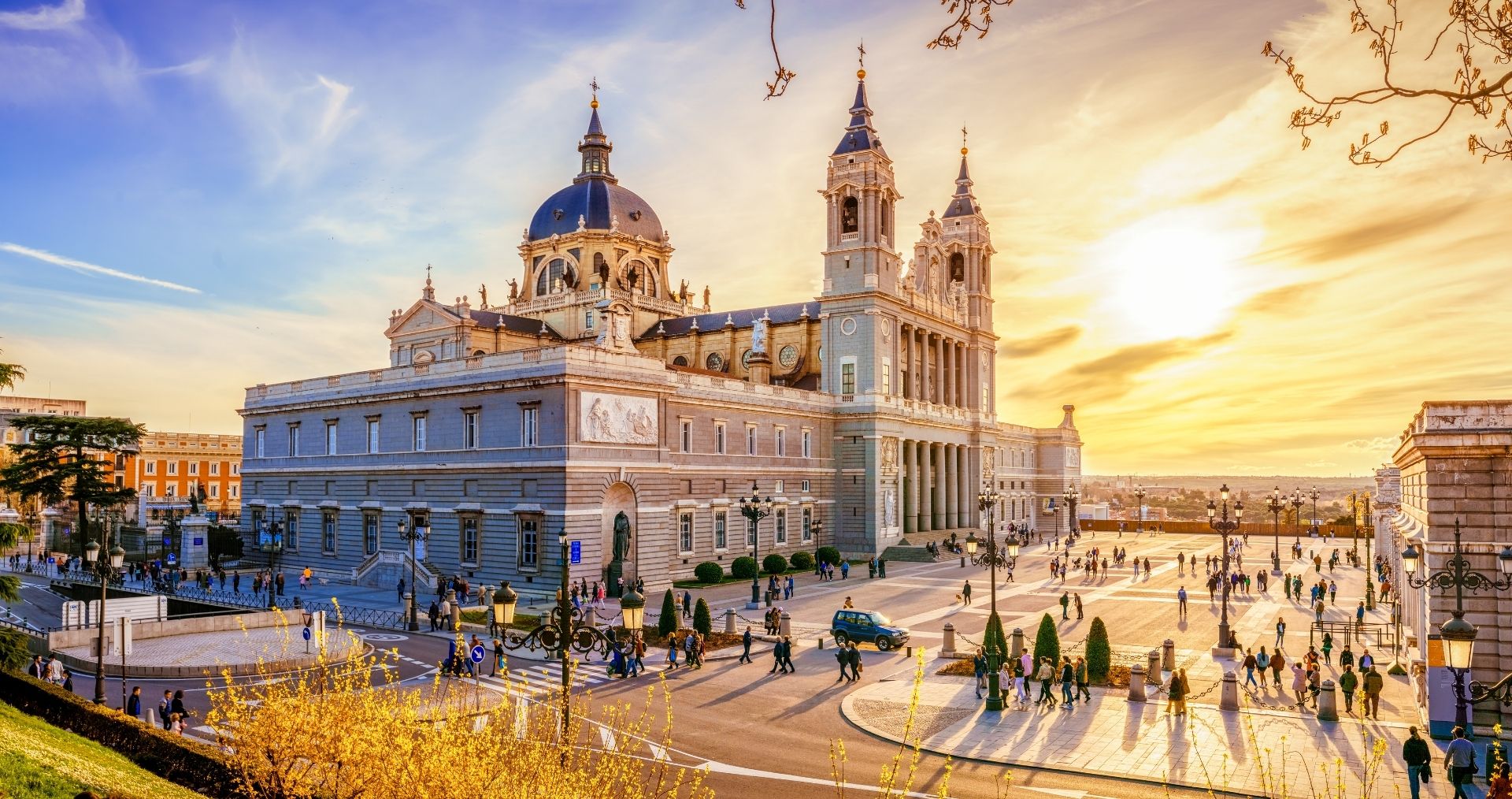 Almudena Cathedral in Madrid glowing in the late-afternoon sun