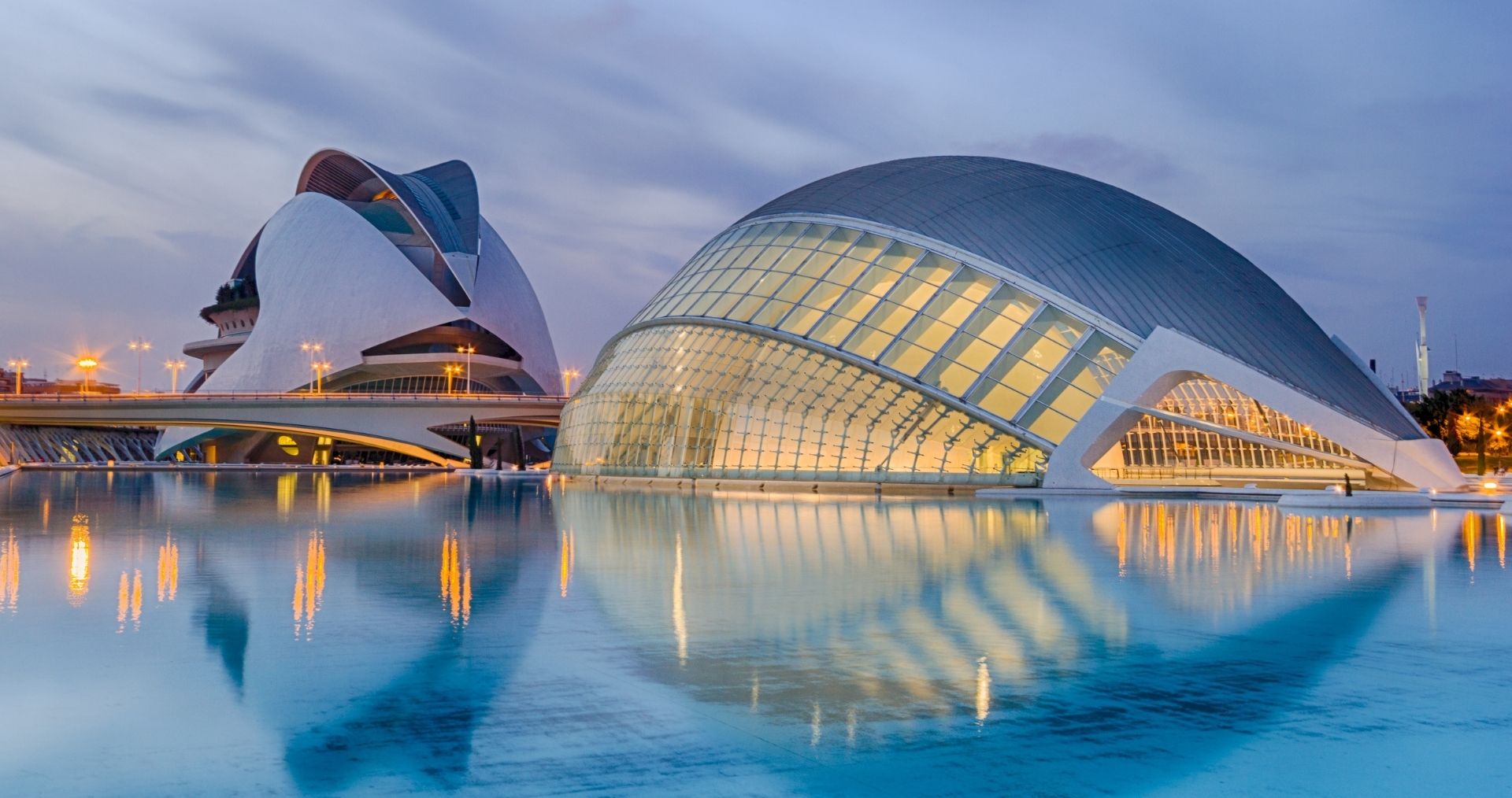 The futuristic City of Arts and Sciences in Valencia reflected in still water