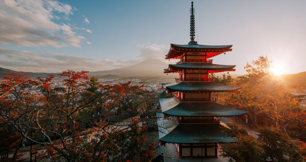 A five-story pagoda at sunset in Japan