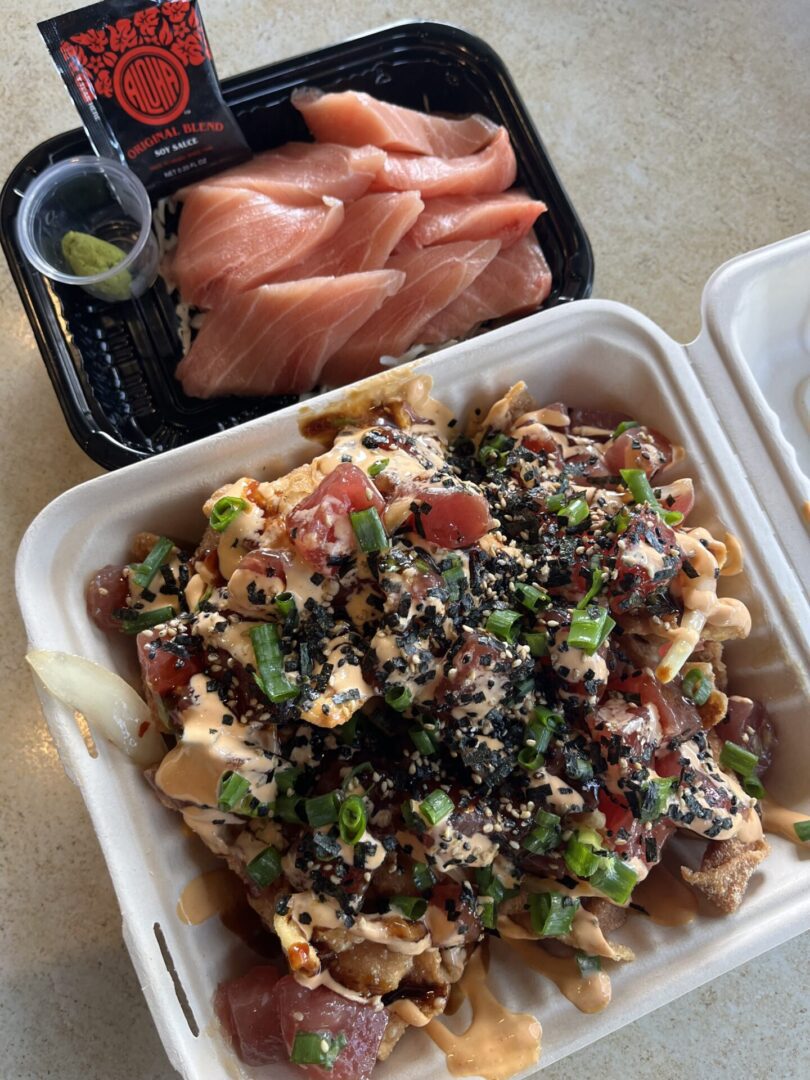Fresh ahi poke bowls photographed by advisor Mikaila in Hawaii