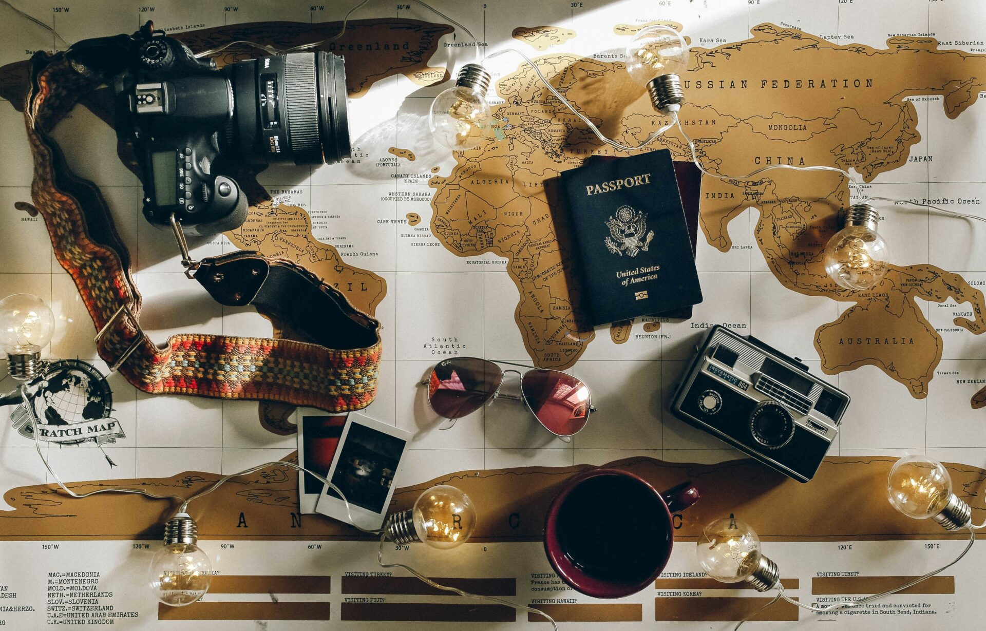 Passport and travel gear flat lay