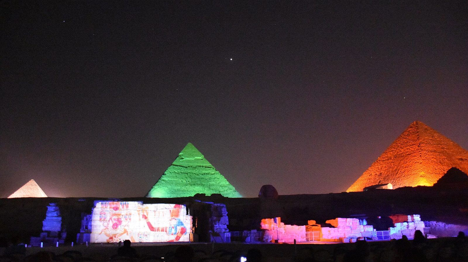 The Sound and Light Show illuminating the Giza pyramids at night