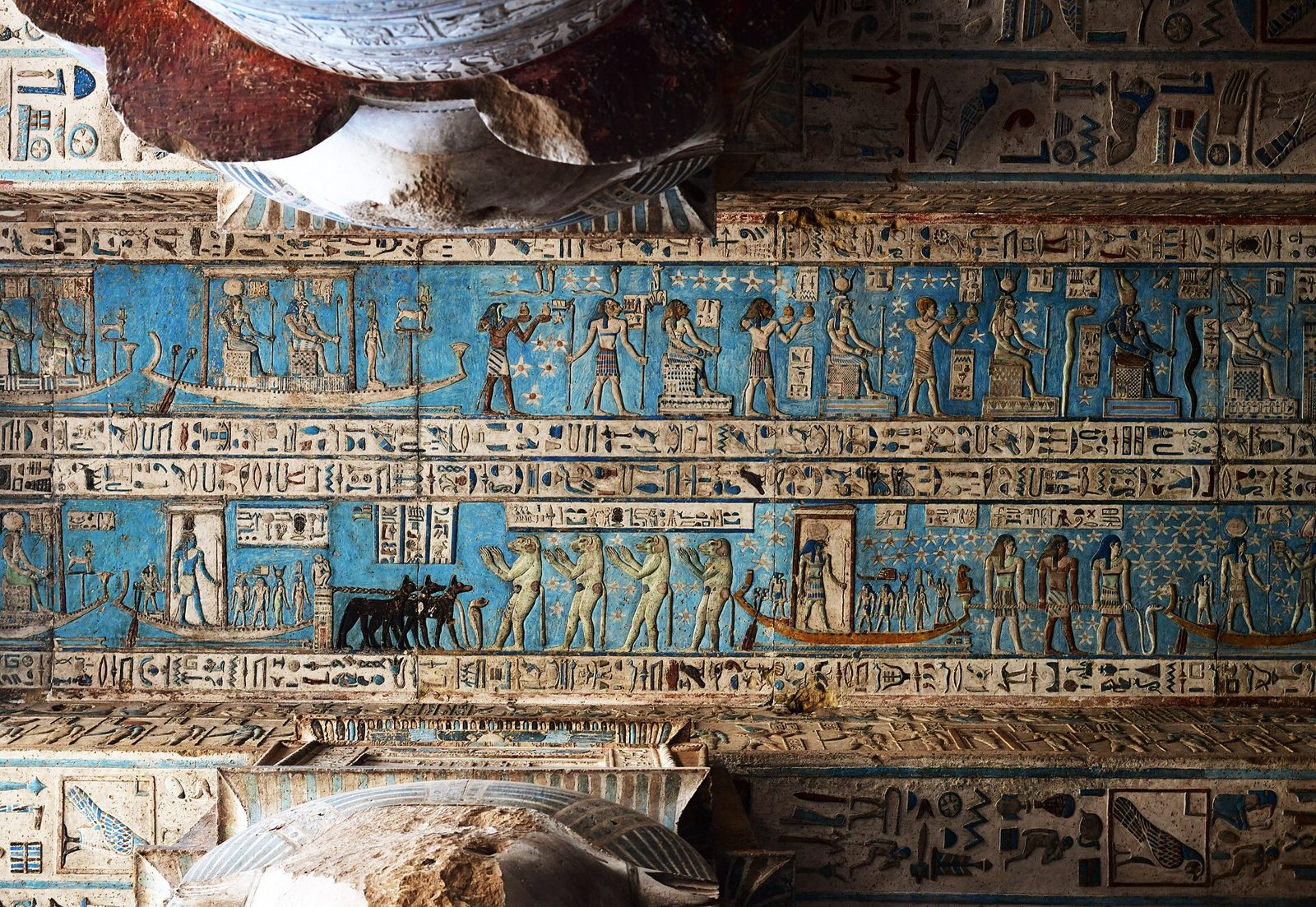 Painted blue ceiling inside the Temple of Hathor, Dendera