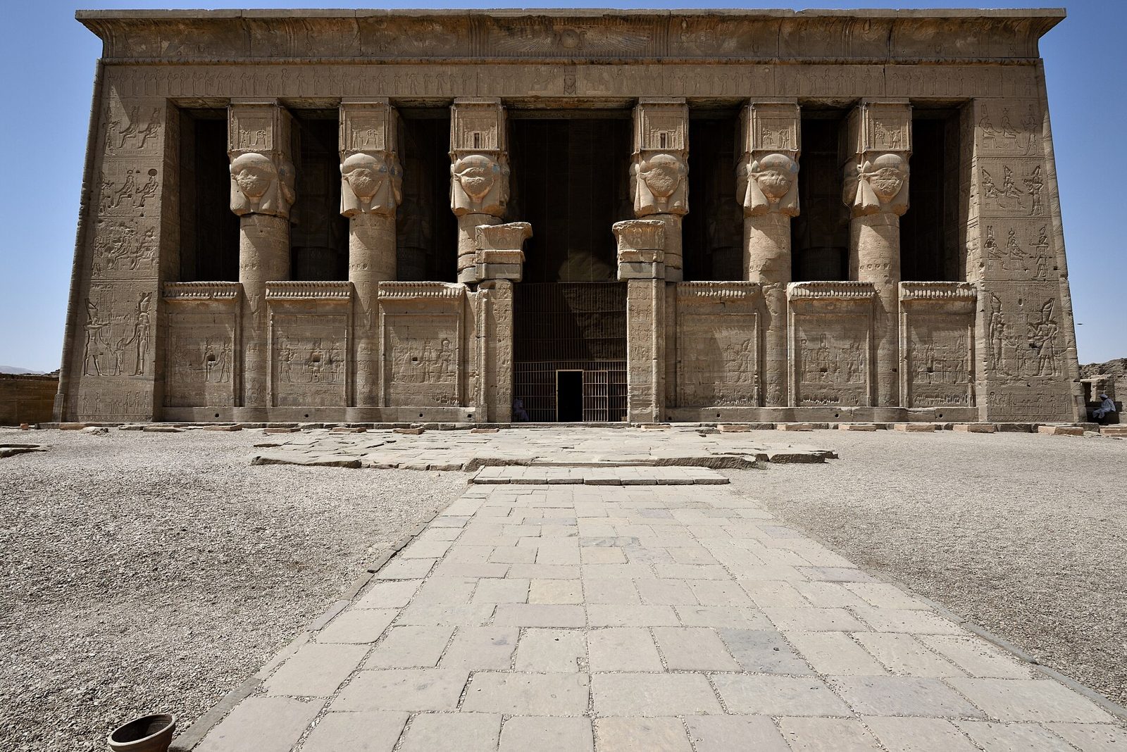 Hathor-headed columns on the façade of the Temple of Hathor at Dendera