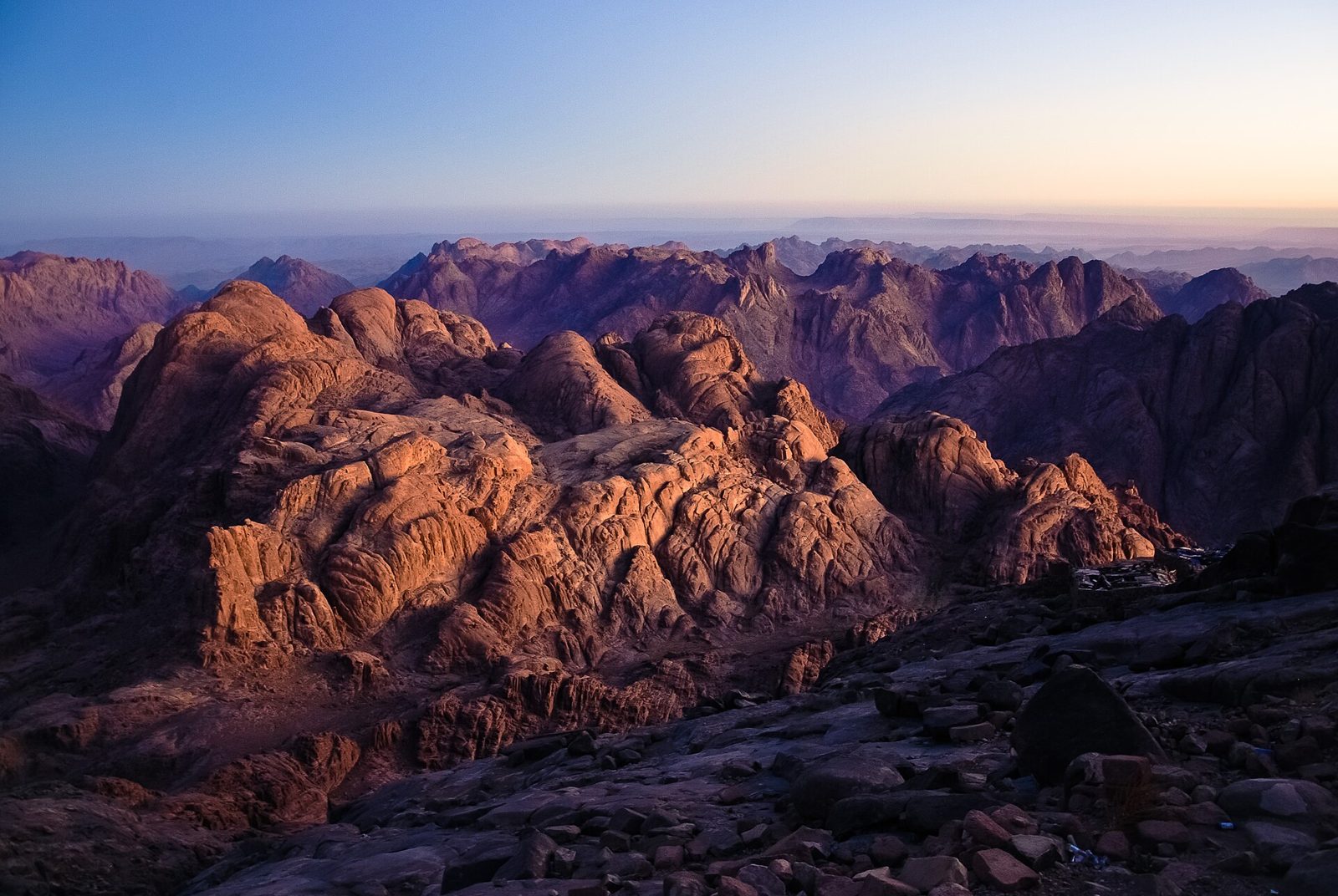 Sunrise over the granite peaks of the Sinai mountains